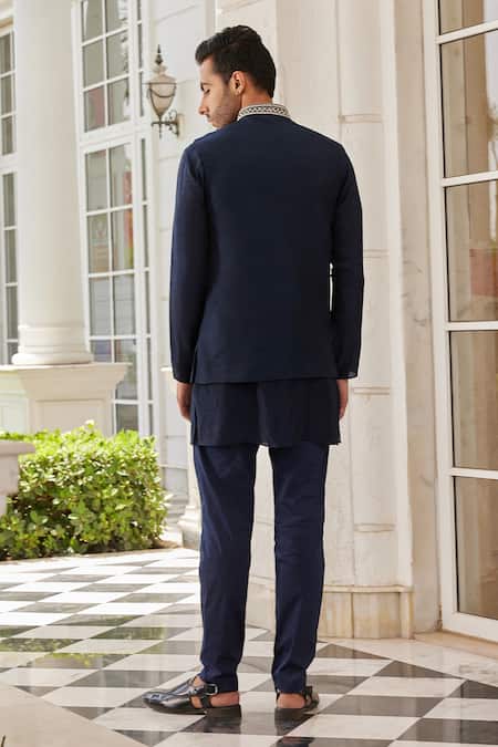 Shop_Charu And Vasundhara_Blue Silk, Polyester Beads, Sequins, Cut Navy Embroidered Bundi And Kurta Set _at_Aza_Fashions