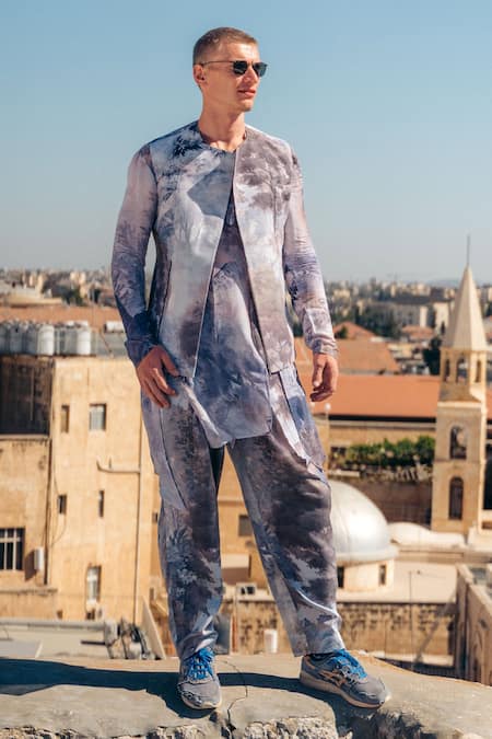 Shop Sahil Kochhar Blue Cotton Satin Print Jungle Trouser at Aza Fashions Shop_Sahil Kochhar_Blue Cotton Satin Print Jungle Trouser _at_Aza_Fashions