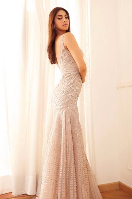 Shop_Rohit Gandhi + Rahul Khanna_Cream Tulle And Crepe Embroidery Crystals One Shoulder Starburst Off Gown _at_Aza_Fashions