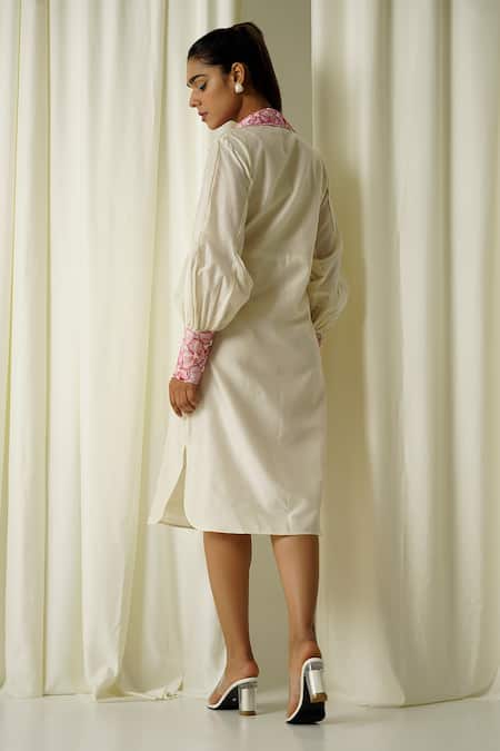 Shop Sakshi Khetterpal Ivory Chanderi Beads, Pearls Collared Sleeve Embroidered Shirt Dress at Aza Fashions Shop_Sakshi Khetterpal_Ivory Chanderi Beads, Pearls Collared Sleeve Embroidered Shirt Dress _at_Aza_Fashions