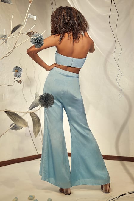 Shop_Babita Malkani_Blue Bandeau Neck Silk 3d Embroidered Pant Set _at_Aza_Fashions