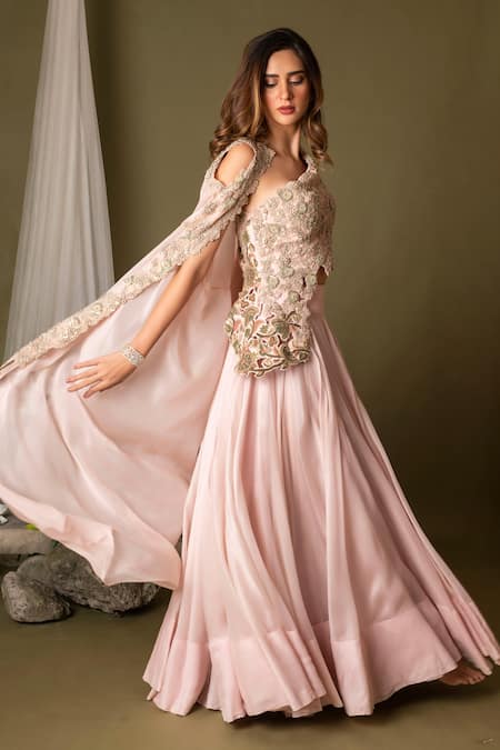 Shop_Pds By Sneha_Pink Organza Embroidery Floral Blouse One Shoulder Cape Lehenga Set  _at_Aza_Fashions