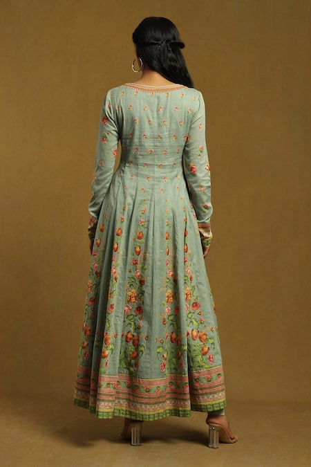 Shop Ritu Kumar Green Cotton Satin, Viscose Embroidery, Tassels Scoop Floral Print Anarkali Set at Aza Fashions Shop_Ritu Kumar_Green Cotton Satin, Viscose Embroidery, Tassels Scoop Floral Print Anarkali Set _at_Aza_Fashions