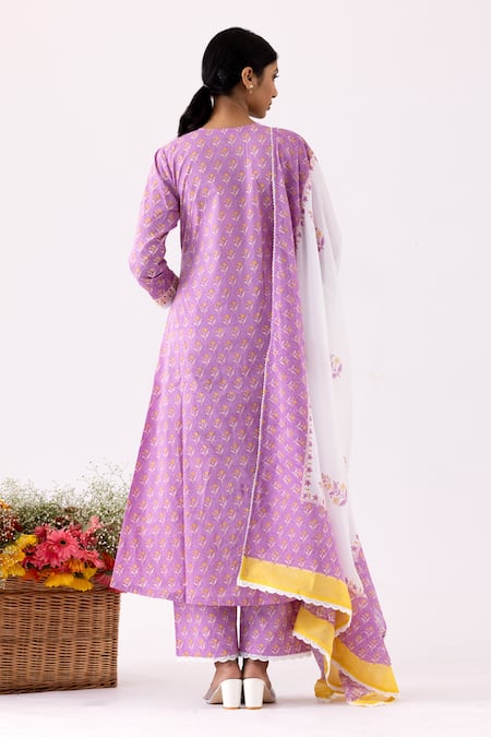 Shop_Abbaran_Purple Cotton, Muslin Embroidery, Lace V-neck Block Print Panelled Anarkali Set _at_Aza_Fashions