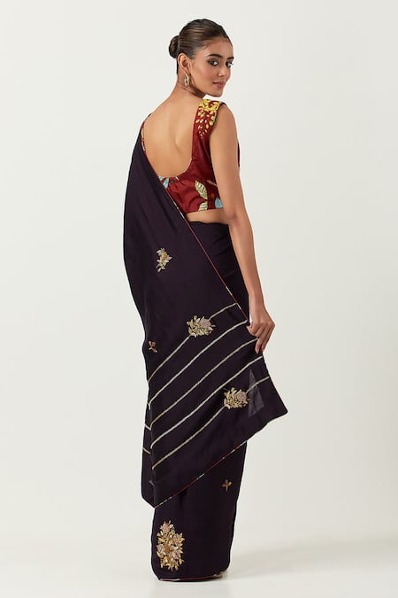 Label Earthen Blue Chiffon, Chanderi Embroidery Round Syahi Zardozi Anar Saree With Blouse Online at Aza Fashions Label Earthen_Blue Chiffon, Chanderi Embroidery Round Syahi Zardozi Anar Saree With Blouse _Online_at_Aza_Fashions