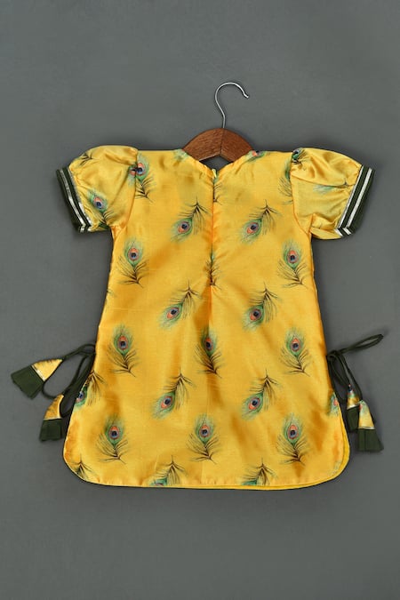 Shop_Maaikid_Yellow Cotton, Silk Sequins Printed Kurta And Bottle Green Afghani Pant Set _at_Aza_Fashions