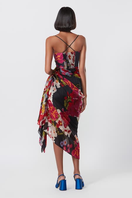 Shop Saaksha & Kinni Black Chiffon, Cotton Satin Sweetheart Neck Floral Print Draped Dress at Aza Fashions Shop_Saaksha & Kinni_Black Chiffon, Cotton Satin Sweetheart Neck Floral Print Draped Dress _at_Aza_Fashions