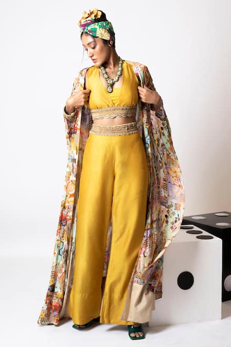 Pds By Sneha Abstract Embroidered Cape Pant Set 