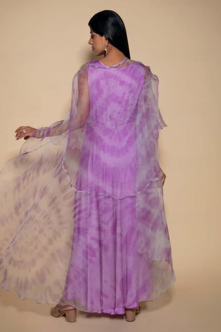 Shop_Ranng Label_Purple Organza, Satin Round Neck Tie Dye Shrug And Dress Set _at_Aza_Fashions