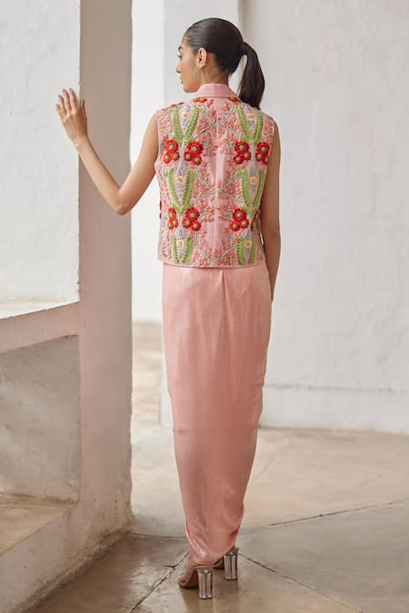 Shop_Betrue_Peach Cotton, Linen Embroidery, Sequins Collared Hand Overlap Waistcoat _at_Aza_Fashions