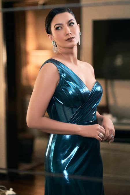 Buy_Shivani Awasty_Blue Lace One Shoulder Iridscent Gown _Online_at_Aza_Fashions