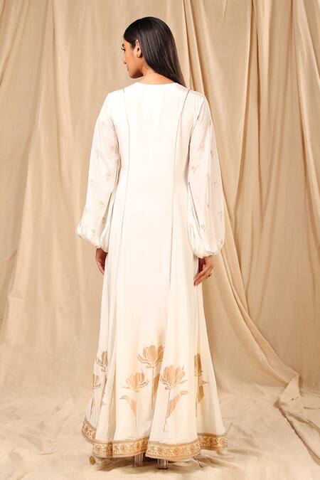 Shop_Masaba_Ivory Crepe Foil Print Wine Garden Floral Pattern V- Neck Kurta Dress_at_Aza_Fashions