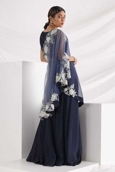 Shop Smriti By Anju Agarwal Blue Chiffon, Taffeta Sequins, Dream One Shoulder Cape And Flared Pant Set at Aza Fashions Shop_Smriti By Anju Agarwal_Blue Chiffon, Taffeta Sequins, Dream One Shoulder Cape And Flared Pant Set _at_Aza_Fashions