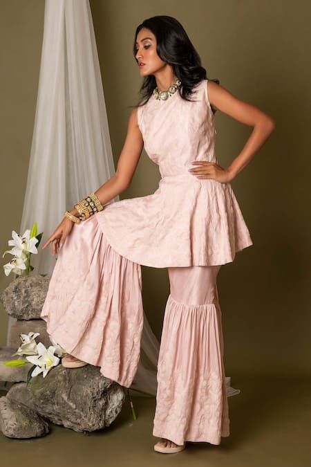 Shop Pds By Sneha Pink Silk Embroidery Pearls Round Flared Kurta And Sharara Set at Aza Fashions Shop_Pds By Sneha_Pink Silk Embroidery Pearls Round Flared Kurta And Sharara Set _at_Aza_Fashions