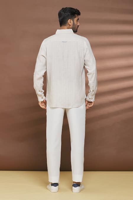 Shop Linen Bloom Beige 100% Linen Stripe Pattern And Thread Work Shirt at Aza Fashions Shop_Linen Bloom_Beige 100% Linen Stripe Pattern And Thread Work Shirt _at_Aza_Fashions