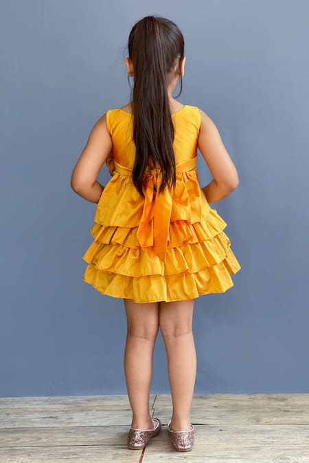 Shop Pinkcow designs pvt ltd Yellow Taffeta, Crepe Glitter, Embroidery Flower Embellished Ruffle Dress at Aza Fashions Shop_Pinkcow designs pvt ltd_Yellow Taffeta, Crepe Glitter, Embroidery Flower Embellished Ruffle Dress _at_Aza_Fashions