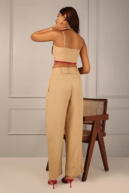 Shop_Style Junkiie_Beige Linen Plain Straight Trousers _at_Aza_Fashions