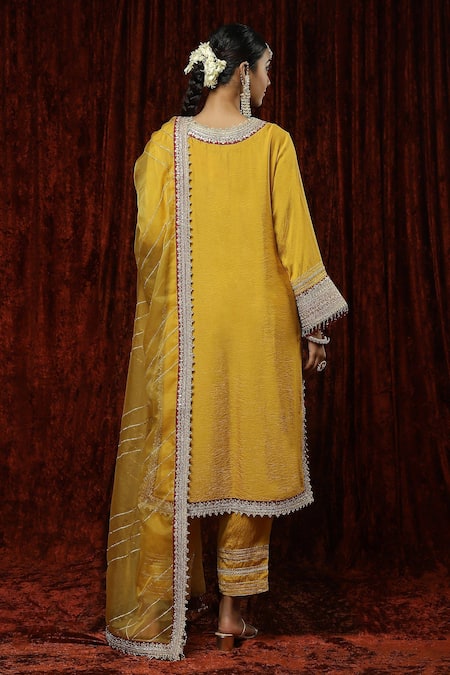 Shop Shikhar Sharma Yellow Silk Chanderi Embroidered Pearl Round Neck Kurta Pant Set at Aza Fashions Shop_Shikhar Sharma_Yellow Silk Chanderi Embroidered Pearl Round Neck Kurta Pant Set _at_Aza_Fashions
