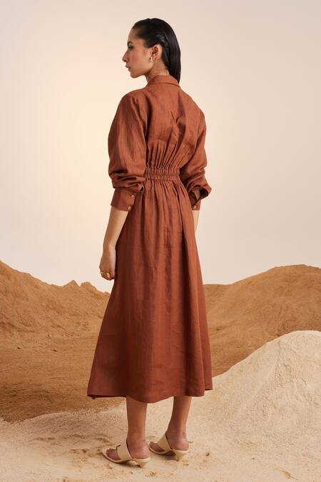Shop Cord Brown Linen Collared 60s Solid Dress at Aza Fashions Shop_Cord_Brown Linen Collared 60s Solid Dress_at_Aza_Fashions