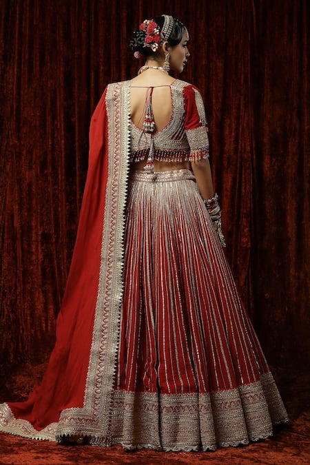 Shop Shikhar Sharma Red Silk, Crepe, Chanderi Tassels, Embroidery, Beads Gota Bridal Lehenga Set at Aza Fashions Shop_Shikhar Sharma_Red Silk, Crepe, Chanderi Tassels, Embroidery, Beads Gota Bridal Lehenga Set _at_Aza_Fashions