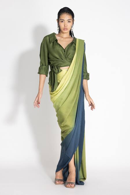 Shop 431-88 By Shweta Kapur Green Silk, Chiffon, Satin Collared Ombre Effect Saree With Kim Shirt at Aza Fashions Shop_431-88 By Shweta Kapur_Green Silk, Chiffon, Satin Collared Ombre Effect Saree With Kim Shirt_at_Aza_Fashions