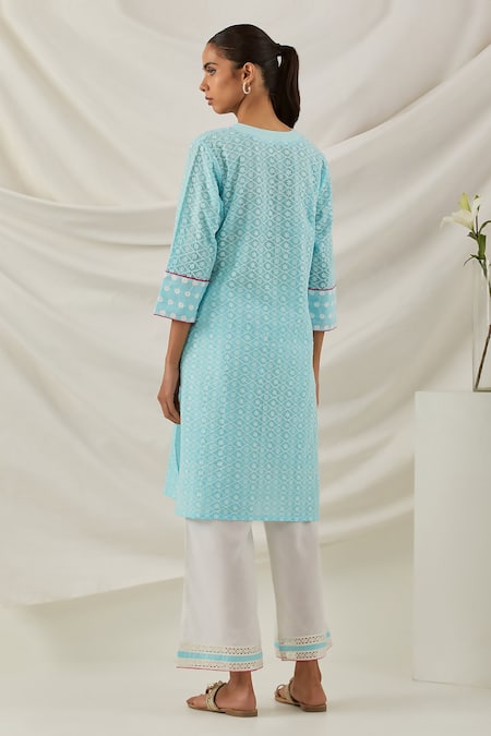 Shop The Indian Cause Blue Cotton Piping V-neck Kali Chikankari Embroidered Short Kurta at Aza Fashions Shop_The Indian Cause_Blue Cotton Piping V-neck Kali Chikankari Embroidered Short Kurta_at_Aza_Fashions