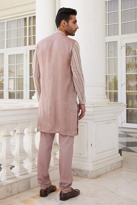 Shop_Charu And Vasundhara_Pink Bamboo, Silk Beads, Sequins Sevyn Straight Embroidered Kurta Set _at_Aza_Fashions