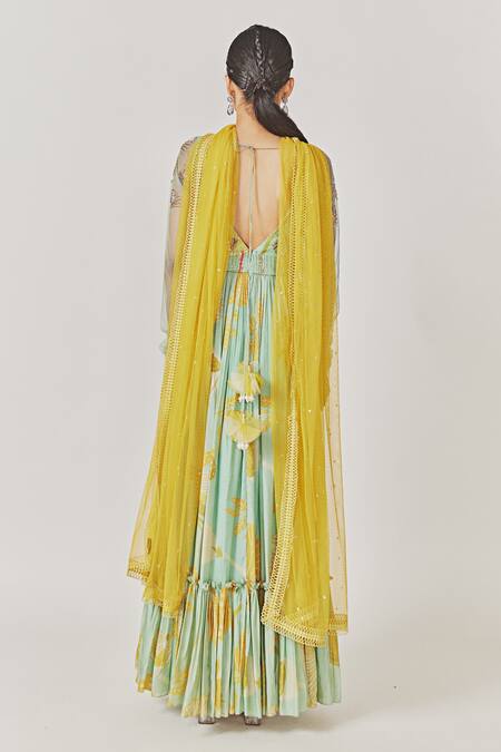 Shop Anu Pellakuru Green Muslin, Silk Embroidery, Foliage Pattern Anarkali With Contrast Dupatta at Aza Fashions Shop_Anu Pellakuru_Green Muslin, Silk Embroidery, Foliage Pattern Anarkali With Contrast Dupatta_at_Aza_Fashions