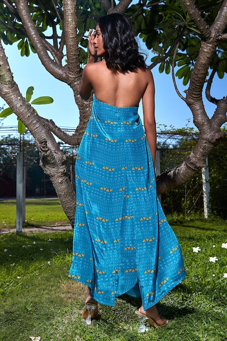 Shop Babita Malkani Blue Crepe Beads Round Neck Printed Long Top And Draped Dhoti Skirt Set at Aza Fashions Shop_Babita Malkani_Blue Crepe Beads Round Neck Printed Long Top And Draped Dhoti Skirt Set_at_Aza_Fashions