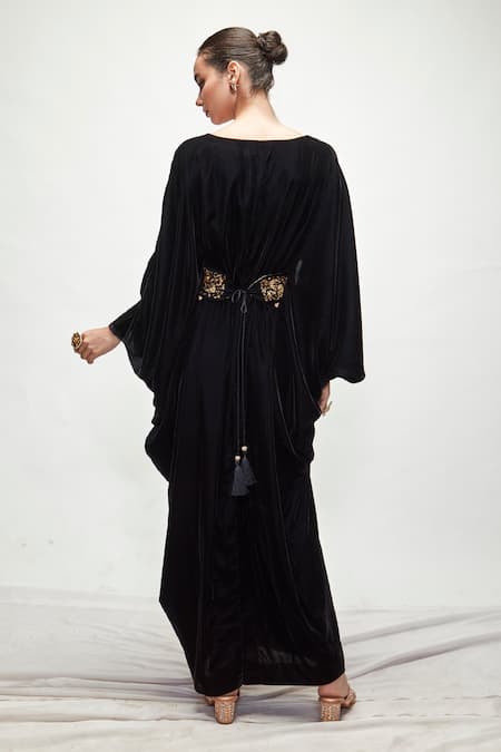 Shop_Ranian_Black Velvet V Neck Draped Kaftan _at_Aza_Fashions