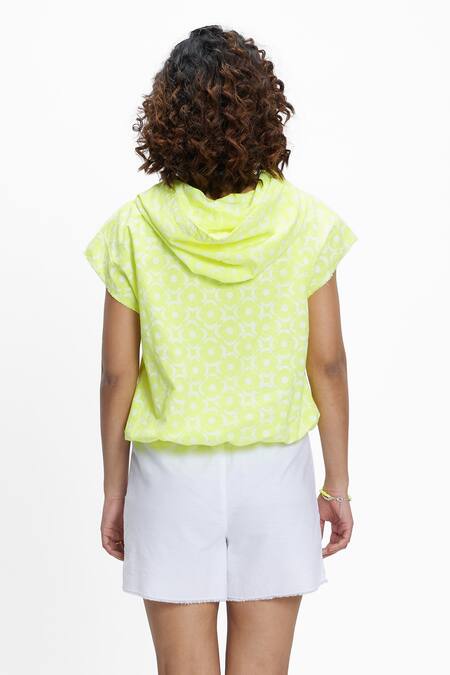 Shop Terra Luna Yellow 100% Organic Handloom Oxford Cotton Mega Moon Bloom High Print Hoodie at Aza Fashions Shop_Terra Luna_Yellow 100% Organic Handloom Oxford Cotton Mega Moon Bloom High Print Hoodie_at_Aza_Fashions