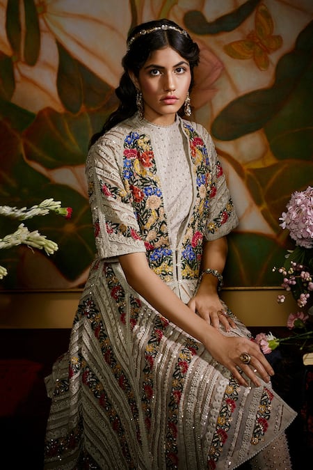 Sahil Kochhar Floral Silk Thread Embroidered Jacket Kurta Set 