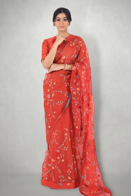 I Am Design_Red Raw , Organza Aari Crew Neck Embroidered Saree With Blouse _Online_at_Aza_Fashions