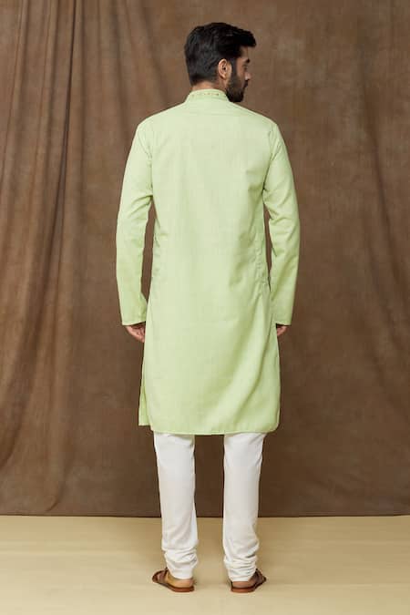 Shop Arihant Rai Sinha Green Linen, Cotton Embroidery Floral Thread Placket Kurta at Aza Fashions Shop_Arihant Rai Sinha_Green Linen, Cotton Embroidery Floral Thread Placket Kurta _at_Aza_Fashions