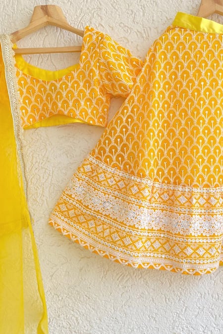 Shop Tiny Pants Yellow Georgette, Satin Embroidery Blouse Lehenga Set at Aza Fashions Shop_Tiny Pants_Yellow Georgette, Satin Embroidery Blouse Lehenga Set _at_Aza_Fashions