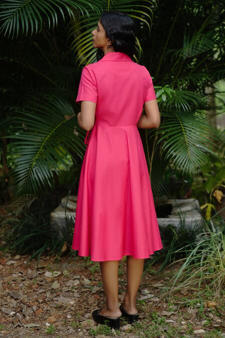 Shop Vanaras Pink Cotton Collared Organic Wrap Dress at Aza Fashions Shop_Vanaras_Pink Cotton Collared Organic Wrap Dress_at_Aza_Fashions