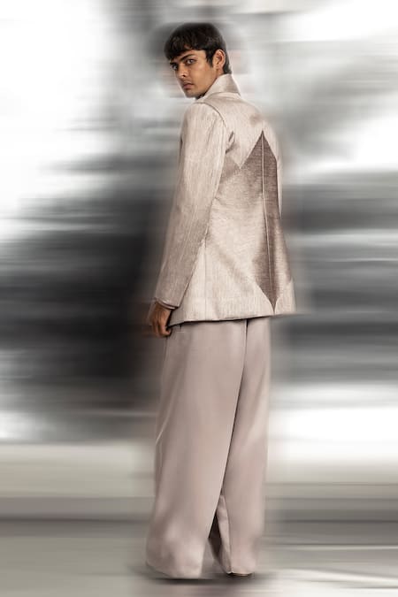 Shop_Abhishek Sharma_Grey Satin, Voile, Net Crystals Extended Shawl Collar Jacket And Trouser Set _at_Aza_Fashions