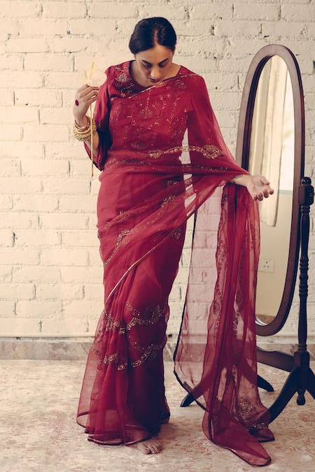 Shop Sarang Kaur Red Organza, Silk Sequins, Beads Hand Embroidered Scallop Saree at Aza Fashions Shop_Sarang Kaur_Red Organza, Silk Sequins, Beads Hand Embroidered Scallop Saree _at_Aza_Fashions
