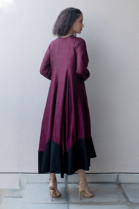 Buy Kavya Singh Kundu Maroon Silk Round Neck Port Mulberry Colour Block Hem Dress Online at Aza Fashions Buy_Kavya Singh Kundu_Maroon Silk Round Neck Port Mulberry Colour Block Hem Dress _Online_at_Aza_Fashions