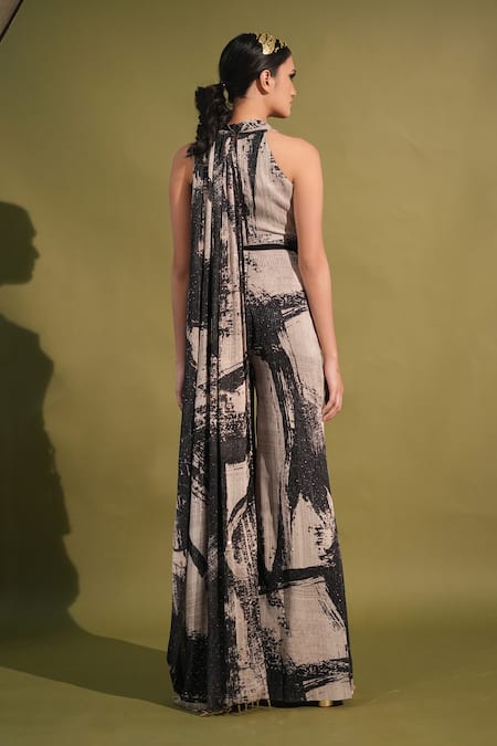 Shop_Nikita Mhaisalkar_Black Georgette Sequins V-neck Brush Stroke Print Drape Jumpsuit _at_Aza_Fashions