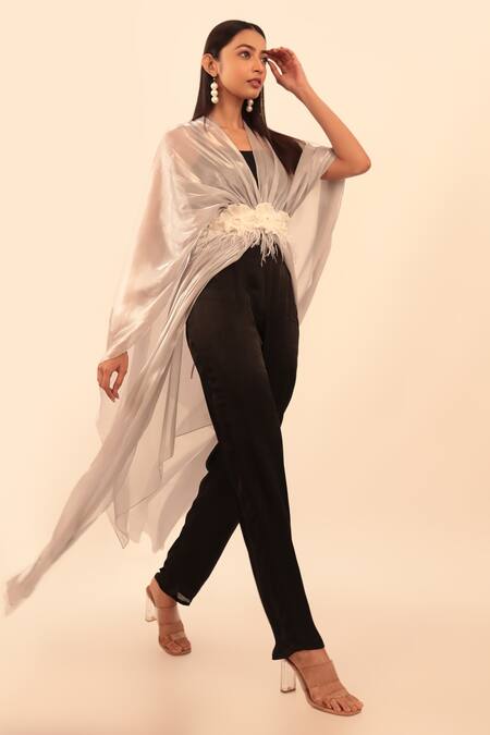 Shop_Vanshika Agarwal Label_Black Satin, Organza, Taffeta Embroidery, Jumpsuit Set With Silver Overlay _at_Aza_Fashions