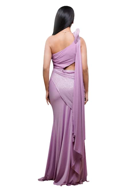 Shop_Archana Kochhar_Purple Lycra, Georgette One Shoulder Lilac Designer Saree Gown _at_Aza_Fashions