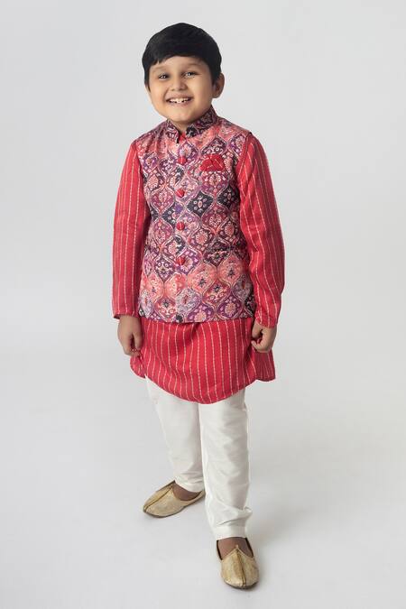 Shop Ranikidswear Red Linen Printed Floral Bundi And Kurta Set at Aza Fashions Shop_Ranikidswear_Red Linen Printed Floral Bundi And Kurta Set_at_Aza_Fashions
