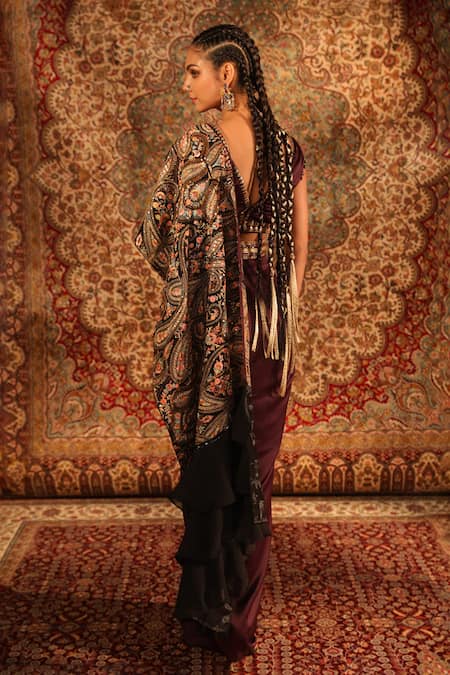 Shop_Aditi Gupta_Wine Satin, Lycra, Silk Tassels, Embroidery, Pre-draped Saree With Blouse _at_Aza_Fashions