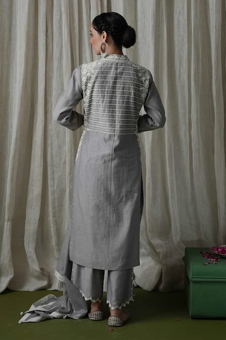 Shop_Kanika Sharma_Grey Chanderi Silk, Modal, Muslin Embroidery, Cut Work Bandeau Kurta Palazzo Set _at_Aza_Fashions