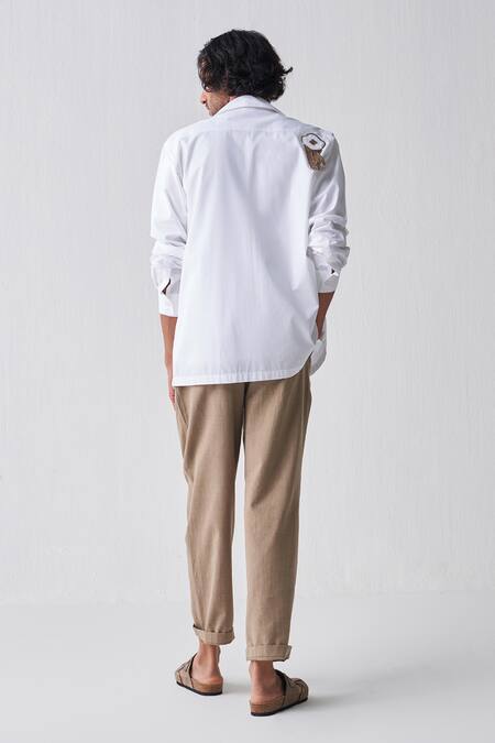 Shop Three White , Handloom Fringe Solid Shirt And Pant Set at Aza Fashions Shop_Three_White , Handloom Fringe Solid Shirt And Pant Set_at_Aza_Fashions