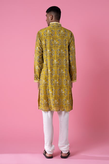 Shop_Siddhartha Bansal_Yellow Chanderi Printed Midday Meadow Royal Chintz Embroidered Kurta Set  _at_Aza_Fashions