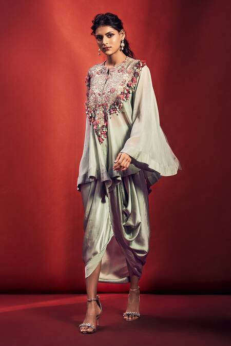 Shop Stotram Green Kurta Organza Embellished Zardozi Kurta Round Neck Draped Skirt Set at Aza Fashions Shop_Stotram_Green Kurta Organza Embellished Zardozi Kurta Round Neck Draped Skirt Set_at_Aza_Fashions