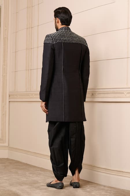 Shop_Tarun Tahiliani_Black Silk, Cotton Satin Sequins, Embroidery Glint Textured Sherwani Set _at_Aza_Fashions
