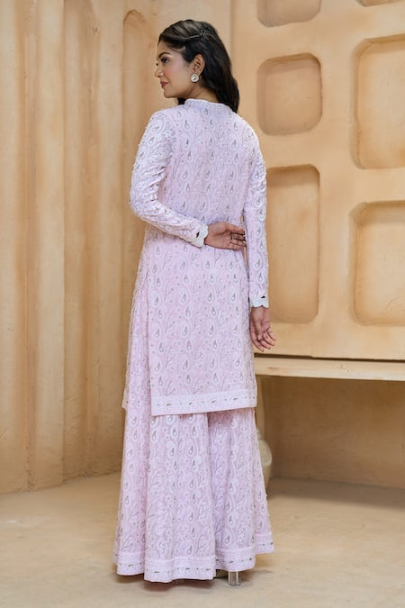Shop Aariyana Couture Pink Georgette, Net Pearls, Embroidery Floral And Paisley Kurta Sharara Set at Aza Fashions Shop_Aariyana Couture_Pink Georgette, Net Pearls, Embroidery Floral And Paisley Kurta Sharara Set_at_Aza_Fashions